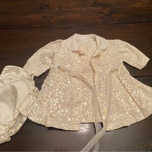 Ivory Floral Jacquard Baby Dress with Matching Pea Coat & Bloomers 3-6M
